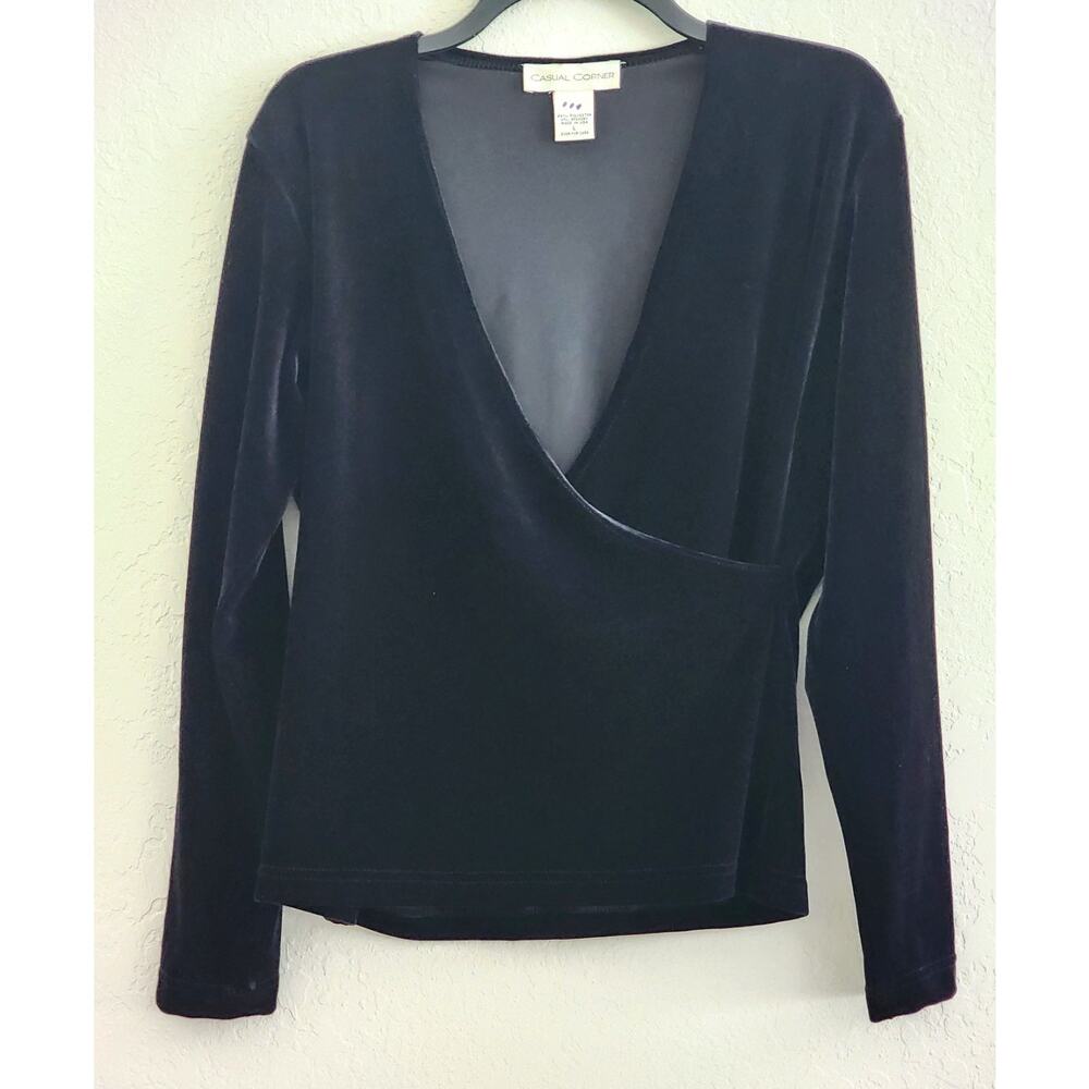 Casual Corner Black Velvet Wrap Top Women’s Large Long Sleeve Low Cut V-Neck